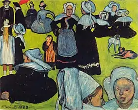 Émile Bernard, Breton Women in the Meadow,&nbsp; August 1888. Bernard exchanged this one with Gauguin who brought it to Arles in autumn 1888 when he joined Van Gogh, who was fond of this style. Van Gogh painted a copy in watercolor to inform his brother Theo about it.
