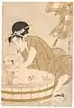 Kitagawa Utamaro's woodcut print Bathtime (行水, Gyōzui), c.1801, 37.3&nbsp;cm ×&nbsp;25.1&nbsp;cm (14.7&nbsp;in ×&nbsp;9.9&nbsp;in), Metropolitan Museum of Art