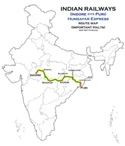 (Puri - Indore) Humsafar Express route map