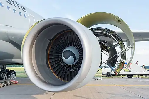 Turbofan (CF-6) inlet and fan. The core flow area, 1/6th, is visible through the fan. A comparison of how effective the subsonic inlet is at compressing air compared with the fan is given by inlet ram and fan temperature rises for a CFM56 of about 30 and 40&nbsp;°F at 0.85 Mn cruise. Temperature rise is connected to pressure rise by the losses incurred in the way the compression is achieved and all three are visually apparent on a T~s diagram.
