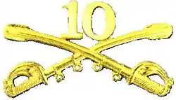 A computer generated reproduction of the insignia of the Army 10th Cavalry Regiment. The insignia is displayed in gold and consists of two sheafed swords crossing over each other at a 45 degree angle pointing upwards with a Roman numeral 10