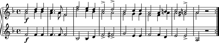 {
\new PianoStaff <<
\new Staff \relative c' {
\key f \major
<<
{ \voiceOne {
c'2 \f d4 d c4. a8 f2
f'2 e4 d c2-> d->
bes c4 c a2 a4 b
c2 b-> a
}}
\new Voice { \voiceTwo {
a2 bes4 bes a4. a8 f2
d'2 c4 bes a2 a
g2 g4 g f2 f4 a
a2 gis a \notemode {b2 \rest} \bar ":|."
}}
>>
}
\new Staff \relative c'{
\key f \major
f2 \f f4 f f4. f8 f2
bes,2 bes4 d f2-> fis->
g2 e4 e f2 f4 d
e2 e2-> a,2 r2
}
>>
}