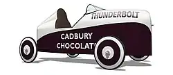 Kinsmen Coaster Classic Champion Bill Telfer's stout-built "Thunderbolt" race car from 1938. Sponsored by Cadbury, it comprised a headrest, windscreen and modern wheels.