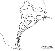 Black and white contoured map of rainfall amounts. Each line represents an interval of 3&nbsp;in (76&nbsp;mm) of precipitation.