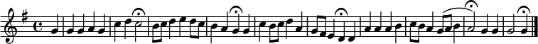 {
\clef treble \key g \major \tempo 4=90 \set Staff.midiInstrument = "english horn" {
\set Score.tempoHideNote = ##t
\override Score.BarNumber #'transparent = ##t
\time 4/4
\relative
{ \partial 4 g' g4 g a g c4 d c2 \fermata b8 c d4 e d8 c b4 a g \fermata g c b8 c d4 a g8 fis e4 d \fermata d a' a a b c8 b a4 g8 (a b4 a2) \fermata g4 g g2 g4 \fermata \bar "|."}
}
}