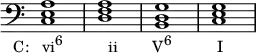 {
\override Score.TimeSignature #'stencil = ##f
\relative c {
\clef bass
\time 4/4
<c e a>1_\markup { \concat { \translate #'(-4 . 0) { "C: vi" \raise #1 \small "6" \hspace #6.5 "ii" \hspace #5 "V" \raise #1 \small "6" \hspace #6.5 "I" } } }
<d f a> <b d g> <c e g>
} }