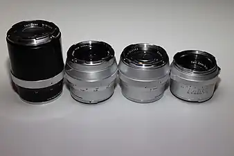 From left, Sonnar 135&nbsp;mm f/2.8, Distagon 25&nbsp;mm f/2.8, Sonnar 85&nbsp;mm f/2, Planar 50&nbsp;mm f/2