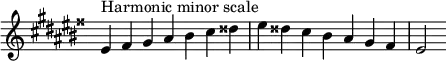 {
\omit Score.TimeSignature \relative c' {
\key eis \minor \time 7/4 eis^"Harmonic minor scale" fisis gis ais bis cis disis eis disis cis bis ais gis fisis eis2
} }