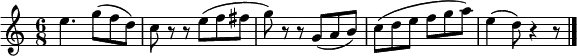 \relative c'' {
\time 6/8
e4. g8( f d) |
c8 r r e( f fis |
g8) r r g,( a b) |
c8( d e f g a) |
e4( d8) r4 r8 | \bar "|."
}
