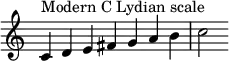 {
\override Score.TimeSignature #'stencil = ##f
\relative c' {
\clef treble \time 7/4
c4^\markup { Modern C Lydian scale } d e fis g a b c2
} }