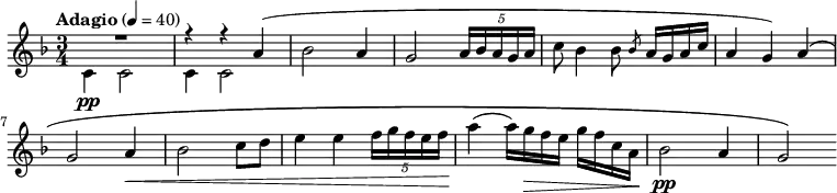{
\clef treble \key d \minor \time 3/4
\tempo "Adagio" 4 = 40
\new Voice = "melody" {
<<
{
\voiceOne
R2. r4 r4 a'4(
}
\new Voice {
\voiceTwo
c'4 \pp c'2 c'4 c'2
}
>>
\oneVoice
bes'2 a'4
g'2 \tuplet 5/4 { a'16 bes' a' g' a' }
c''8 bes'4 bes'8 \slashedGrace bes' a'16 g' a' c''
a'4 g') a'\(
\break
g'2 a'4\<
bes'2 c''8 d''
e''4 e'' \tuplet 5/4 { f''16 g'' f'' e'' f'' }
a''4\!( a''16) g''\> f'' e'' g'' f'' c'' a'\!
bes'2 \pp a'4 g'2\)
}
}