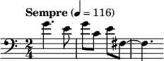\relative c'' { \clef bass \time 2/4 \tempo "Sempre" 4 = 116 g4. e8 | g c, e fis,~ | fis4. }