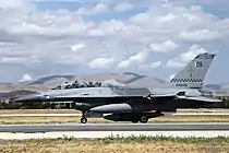 An F-16BM (Serial No. 84606) from the No. 11 Squadron "Arrows" of the PAF with an Indian flag on its nose as a kill mark after it shot down one of the IAF jets during Operation Swift Retort in 2019.