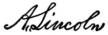 President Abraham Lincoln's signature as it appeared on the United States Patent that restored the Mission property to the Catholic Church in 1862. This is one of the few documents that the President signed as "A. Lincoln" instead of his customary "Abraham Lincoln."&nbsp;