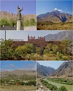 From top left:War Memorial&nbsp;• Mount Kumtal Araks Caravanserai&nbsp;• Town Panorama Araks river and Iran-Armenia Border