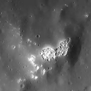 A large patch of hollows on the western peak ring. Image is about 11.7&nbsp;km wide.