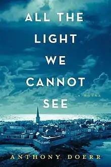 Book cover with the title displayed in white over the sky stretched throughout the top and middle of the cover. Underneath the title is an overhead view of the city, Saint-Malo, with a blue overlay.