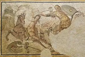 Mosaic of Amazon warrior engaged in combat with a hippeus, 4th century AD, Louvre