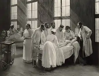 An injection against croup at the Hôpital Trousseau&nbsp;[fr] in Paris, with Roux observing, by P.A.A. Brouillet in 1893
