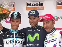The riders on the podium after the race(from left to right: Julian Alaphilippe, Alejandro Valverde and Joaquim Rodríguez)