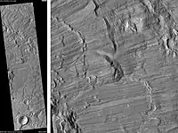 Bacolor Crater Ejecta, as seen by HiRISE.  Scale bar is 1000 meters long.