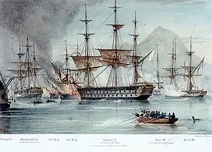 The Battle of Navarino; Scipion&nbsp;(1813) is shown in the centre, entangled with a fireship