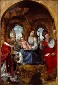 Painting representing four figures (a Virgin and Child in the centre, between two men in ecclesiastical garb) against a cavernous background.