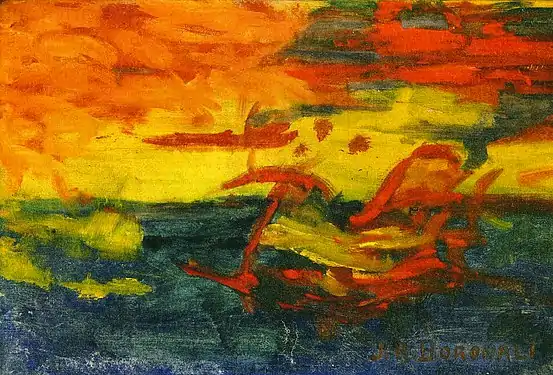 Et le soleil s'endormit sur l'Adriatique&nbsp;[fr] (Sunset Over the Adriatic), 54 × 81&nbsp;cm, painting partially made by donkey (Lolo) assisted by Roland Dorgelès.