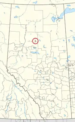 A map of the province of Alberta showing 80 counties and 145 small Indian reserves. One is highlighted with a red circle.