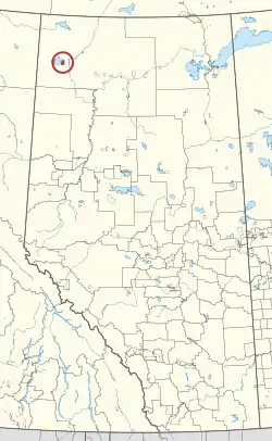 A map of the province of Alberta showing 80 counties and 145 small Indian reserves. One is highlighted with a red circle.