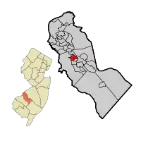 Location of Stratford in Camden County highlighted in red (right). Inset map: Location of Camden County in New Jersey highlighted in orange (left).