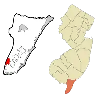Map of Villas highlighted within Cape May County. Right: Location of Cape May County in New Jersey.