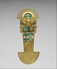 Ceremonial knife/tumi (Sican); 10th–13th century; gold, turquoise, greenstone and shell; height: 33&nbsp;cm; Metropolitan Museum of Art