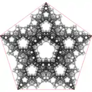 A point inside a pentagon repeatedly jumps half of the distance towards a randomly chosen vertex, but the currently chosen vertex cannot neighbor the previously chosen vertex if the two previously chosen vertices are the same.