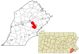 Location of East Bradford Township in Chester County (top) and of Chester County in Pennsylvania (below)
