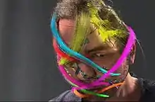 A digitally rendered version of Chris Landreth's face, slightly tilted downward, on a dark grey background. Ribbons of various colours wrap around his head in various orientations.