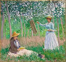 Claude Monet, 1887, In the Woods at Giverny, Blanche Hoschedé Monet at Her Easel with Suzanne Hoschedé Reading, oil on canvas, 91.4 x 97.7&nbsp;cm, Los Angeles County Museum of Art