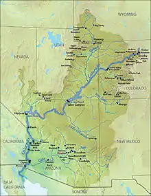 A map of the Colorado River Basin, with the locations of major dams indicated.