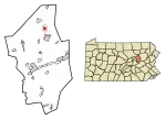 Location of Benton in Columbia County, Pennsylvania (left) and of Columbia County in Pennsylvania (right)