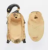 Cosmetic dish in the shape of a trussed duck; 1353-1327 BC; hippopotamus ivory (tinted); duck (left), length: 9.5&nbsp;cm, width: 4.6&nbsp;cm; cover (right), length: 7.3&nbsp;cm, width: 4&nbsp;cm; Metropolitan Museum of Art