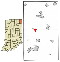 Location of Ashley in DeKalb County and Steuben County, Indiana.