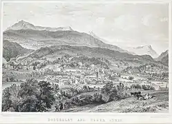 'Dolgelley and Cader Idris' c. 1840 by George Pickering (c. 1794–1857) and lithographer George Hawkins&nbsp;[Wikidata] (1809–1852)