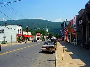 Downtown Ellenville, looking east along Canal Street (NY&nbsp;52) toward the Shawangunk Ridge
