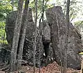 Dragon Rock, aka Split Rock - this is what the rock formation looks like from the woods (October 2020)