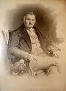 Drawing of Thomas Bewick with his pencil and dog