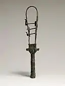 Sistrum with the face of the goddess Hathor depicted with cow ears; 380–250&nbsp;BC; bronze; 36.3&nbsp;cm; Walters Art Museum (Baltimore, US)