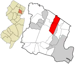 Location of Montclair in Essex County highlighted in red (right). Inset map: Location of Essex County in New Jersey highlighted in orange (left).