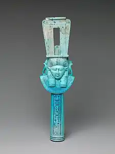 Sistrum inscribed with the name of Ptolemy I; 305–282&nbsp;BC; faience; 26.7 × 7.5&nbsp;cm; Metropolitan Museum of Art