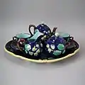 Tea set, coloured glazes, c. 1880, hazelnut pattern.