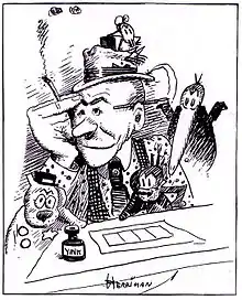 A black and white drawing of a man wearing a brimmed hat, seated at a drawing table, with his right hand on his forehead. He holds a cigarette in his right hand, and is surrounded by cartoon characters: a mouse on his hat, a long-billed bird looking over his left shoulder, a cat in front of him, and a dog to his right.